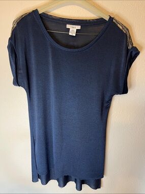 Bar III Navy Short Sleeve Top with Beaded Shoulder Detail